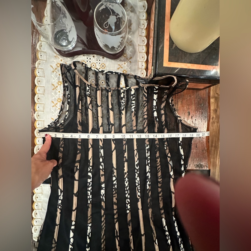 Dressbarn Collection Fit & Flare Midi Black Tan Mesh Overlay Ribbon Tie Waist - Picture 9 of 10